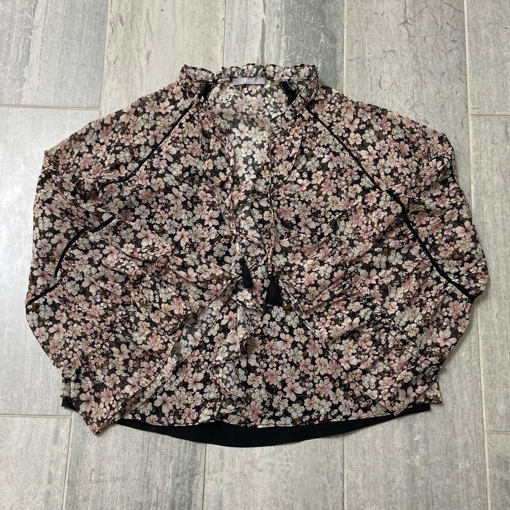 Tart Sheer Floral Boho Blouse Crochet Details Tassels Ruffle Collar Size Small